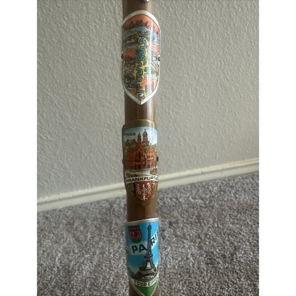 Vintage Steam Bent Wood Hiking Walking Stick With Alpine Badges - Picture 4 of 9